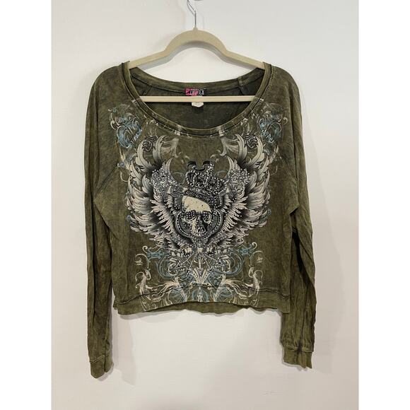 Y2K Lipstick Rhinestone Skull Graphic Grunge Acid Wash Long Sleeve Size Large - Picture 1 of 3